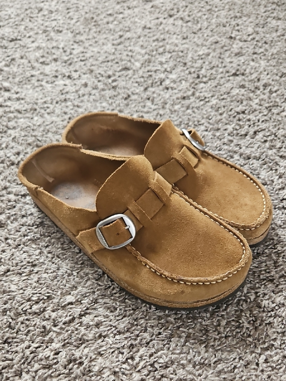 Birkenstock Suede Clogs in Tan with Silver Buckle